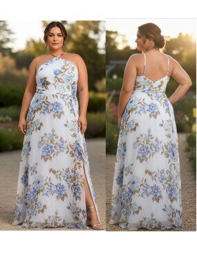 Lulus Romantic Marvel Light Blue Floral Print Halter Neck Maxi Dress Size 1X New